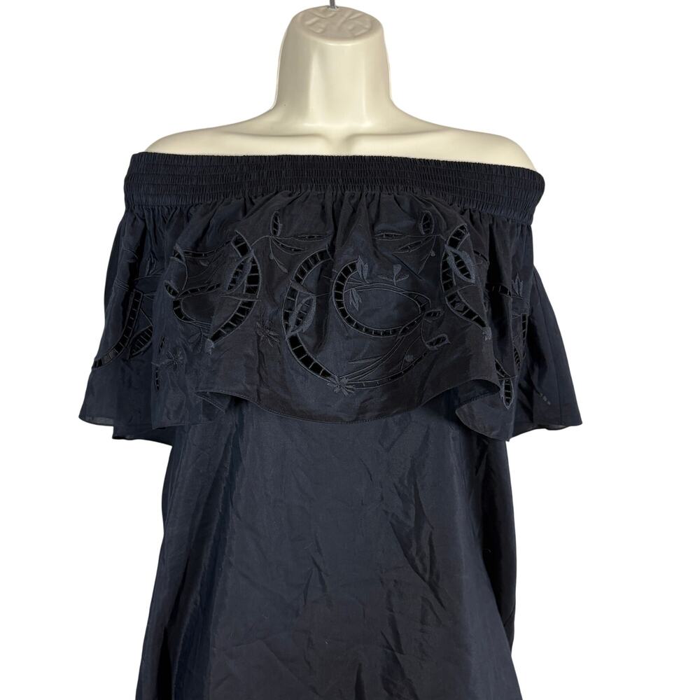 NEW Tibi Off Shoulder Top Cotton Silk Shell Embroider Eyelet Neck Casual Black M